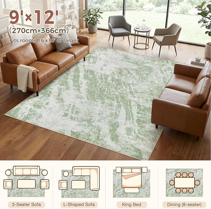 DMOYEST 9x12 Washable Area Rug: Abstract Modern Non-Slip Carpet, Soft Low Pile Indoor Neutral Easy Clean Floor Rugs for Living Room Bedroom Dining Room Kids & Pets - Green
