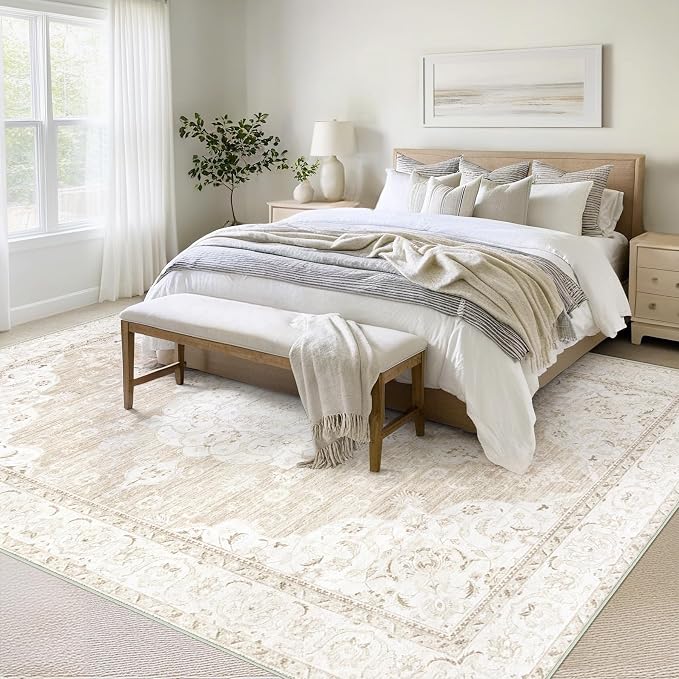 Vintage Living Room Area Rug - 9x12 Large Machine Washable Boho Moroccan Rug Distressed Farmhouse Rugs for Bedroom - Soft Non-Slip Indoor Carpet for Dining Room Office Nursery(Boho Beige, 9'x12')
