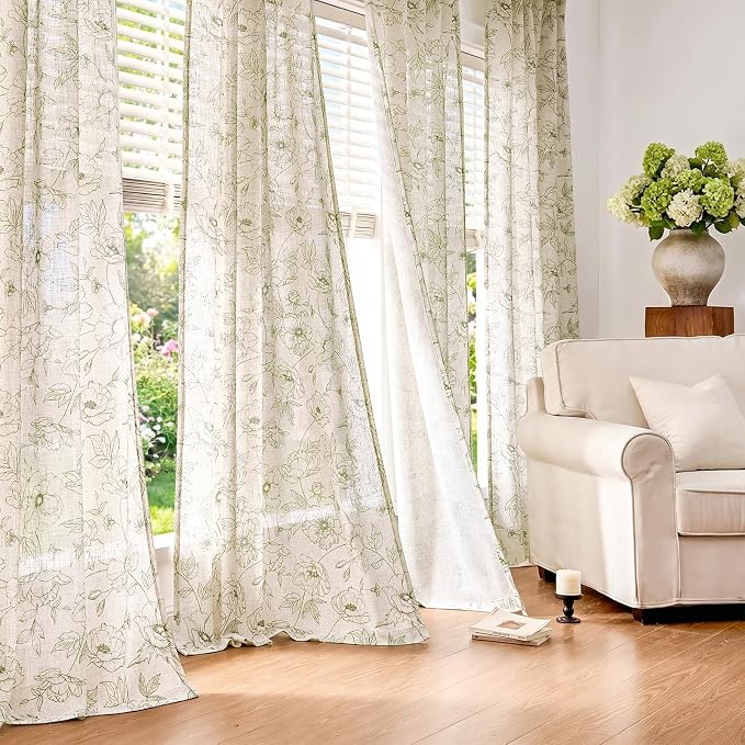 jinchan Floral Linen Curtains for Living Room 96 Inch Length Green Flower Curtain Rod Pocket Back Tab Farmhouse Curtains with Printed Floral Bedroom Window Curtain Set, 2 Panels Green
