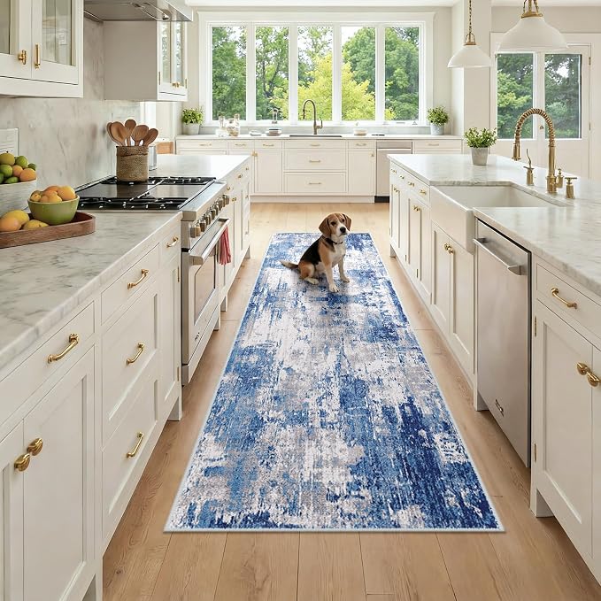 RELEANY Washable Area Rugs 2'6"x8 Non-Slip Modern Abstract Soft for Living Room Entryway Bedroom Kitchen, Print Pattern, Blue Grey Navy Gray
