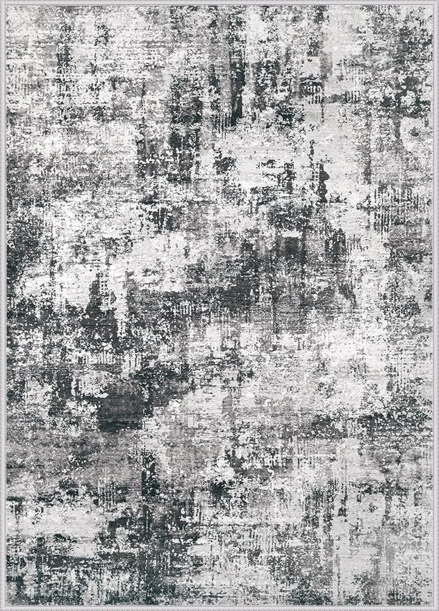 6x9 Area Rug for Living Room: Washable Abstract Soft Rugs Non Slip Modern Stain Resistant Low Pile Carpet for Dining Room Bedroom Nursery Office (Black Grey, 6'x9')