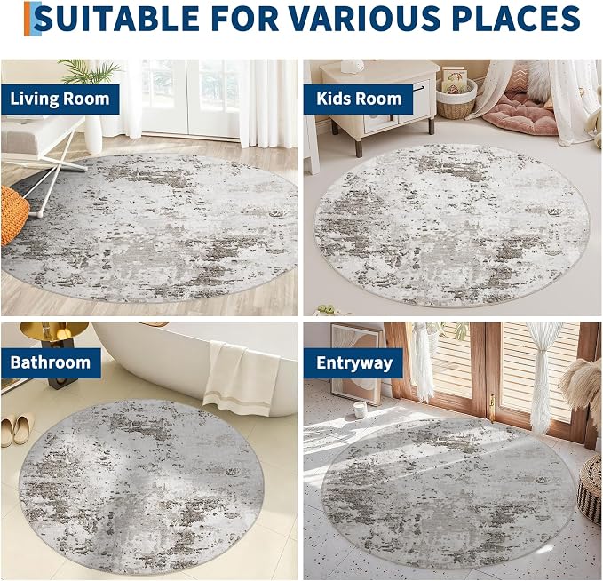 ROYHOME Modern Abstract 4x4 Round Area Rug Non Slip Non Shedding Rug Low Pile Stain Resistant for Bedroom Living Room Office Dining Room,Taupe/Beige