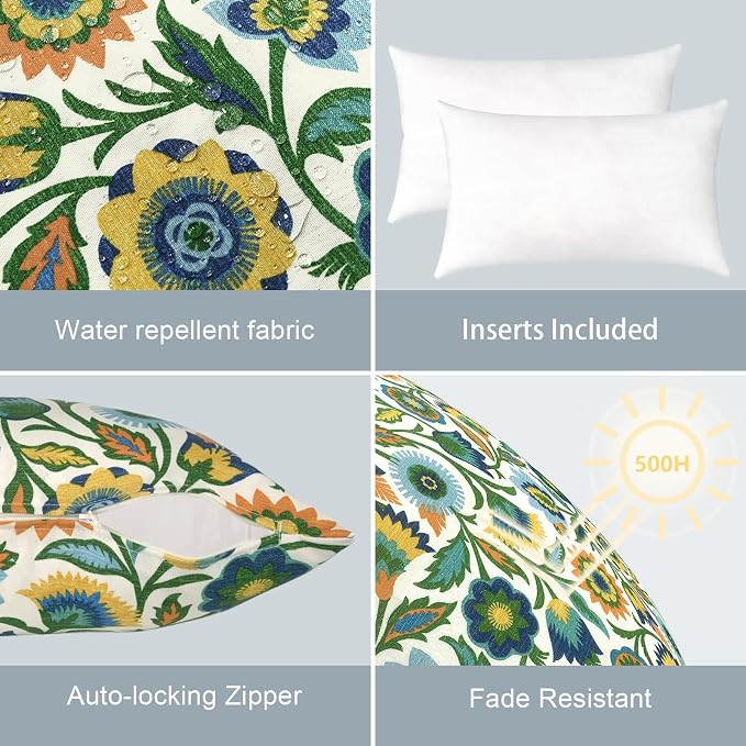 LVTXIII Set of 2 Patio Lumbar Pillows, 12" x 20" Fade Resistant Outdoor Lumbar Pillow with Inners, Fluffy Decorative Garden Lumbar Cushions for Home Patio Coach Sofa Use, Fiesta Floral