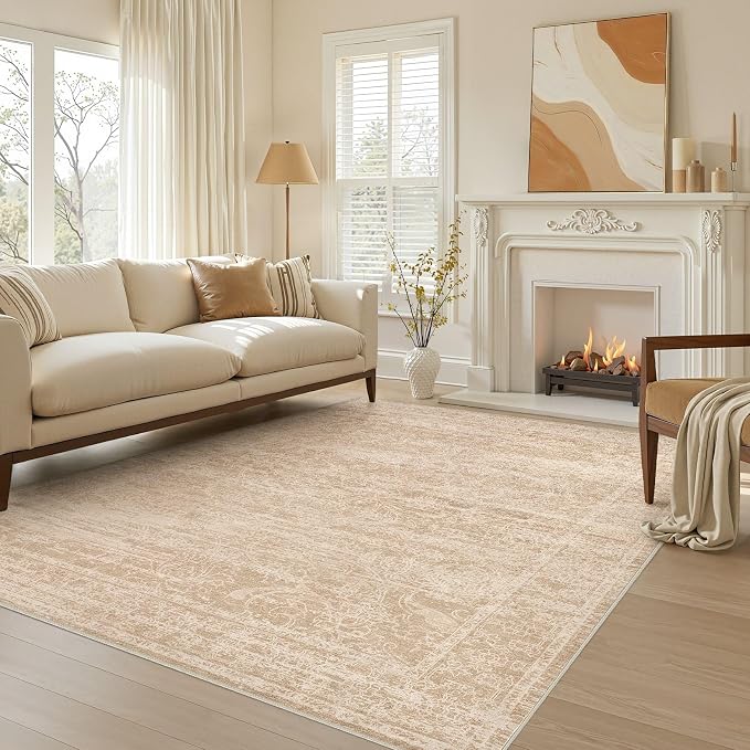 Nakagishi 5X7 Area Rugs Living Room: Washable Large Vintage Rug Neutral Non-Slip Soft Stain Resistant Indoor Carpet for Bedroom Nursery Dining Room Office Playroom