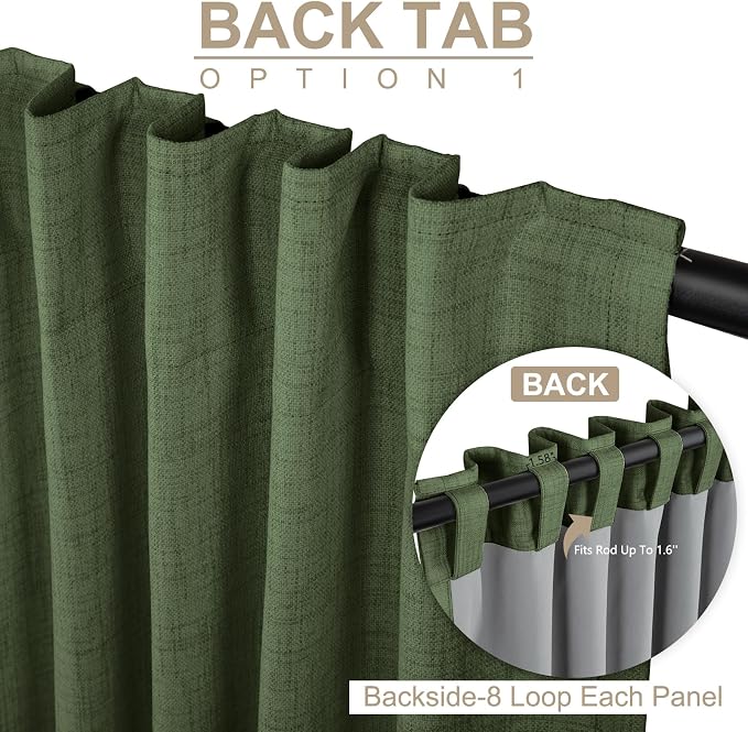 100% Blackout Shield Linen Blackout Curtains for Bedroom 63 Inches Long, Back Tab/Rod Pocket Living Room Drapes, Thermal Insulated Blackout Curtains 2 Panels Set, 50" W x 63" L, Moss Green