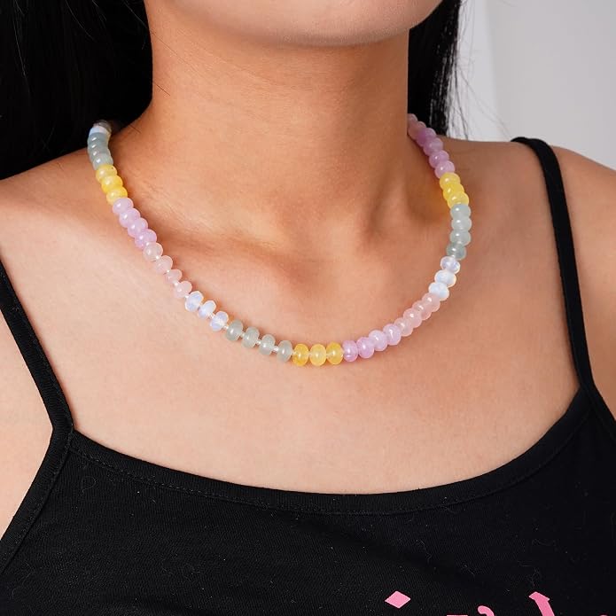 LALAPPLE Colorful Beaded Gemstone Necklace for Women, Boho Rainbow Bead Choker with Natural Stone Crystal Beads, Handmade Summer Beach Necklace Jewelry