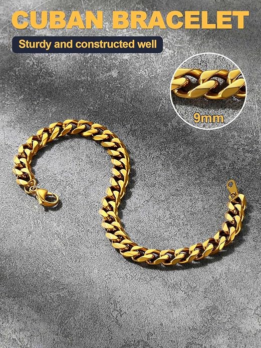 U7 Link Bracelets for Men, Cuban Link/Rope/Watch Band Solid Bracelet, Silver Black Gold Color Wrist Bracelet 3/6/9/12/15mm Width, 6.5/7.5/8.3 Inch Length, Hand Chain Jewelry for Mens Women