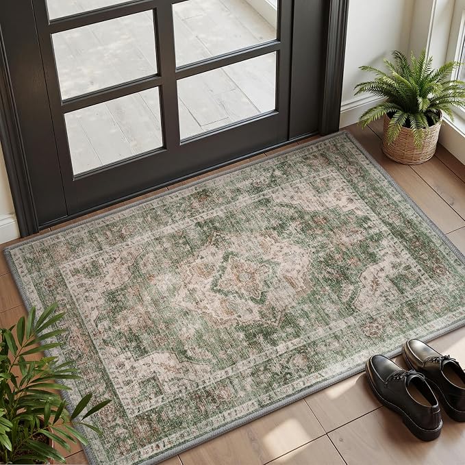AMOAMI-2X3 Small Rug-Washable Rugs Entryway Mat Indoor-Soft Vintage Non Slip Rugs for Kitchen Laundry Room Bathroom Green Decorative Accent Rug for in Front of Sink 24 Inch x36 Inch