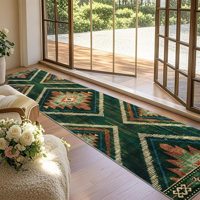 2x10Ft Boho Runner Rugs for Hallway Non Slip, Green Washable Kitchen Rugs, Soft Moroccan Farmhouse Entryway Runner, Low Pile Geometric Floor Carpet for Entrance Bedroom Home Decor