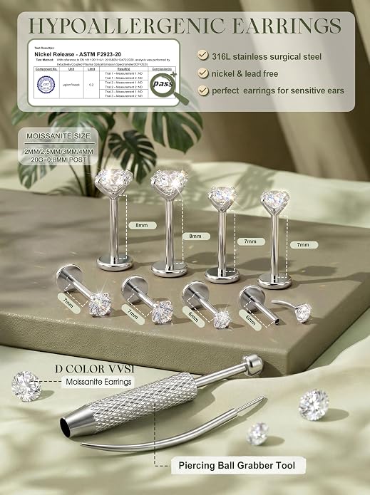 LOLIAS 4 Pairs Moissanite Flat Back Earrings Hypoallergenic-Threadless Push in Nose Rings Studs for Women Men 14K Gold Plated Surgical Steel Cartilage Helix Tragus Labret Piercing Jewelry Kit Taper Ball Grabber Tool 20G 18G 16G