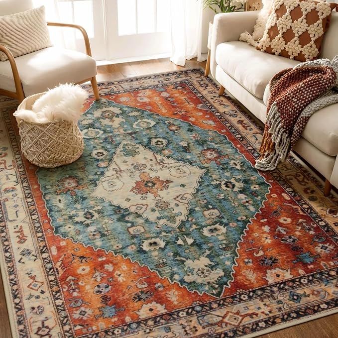 SERISSA Bedroom Rug 4x6 Boho Tribal Rug, Vintage Washable Area Rugs Non Slip, Ultra Soft Print Distressed Low-Pile Throw Carpet for Bedroom Nursery Dorm Kitchen Living Room Decor