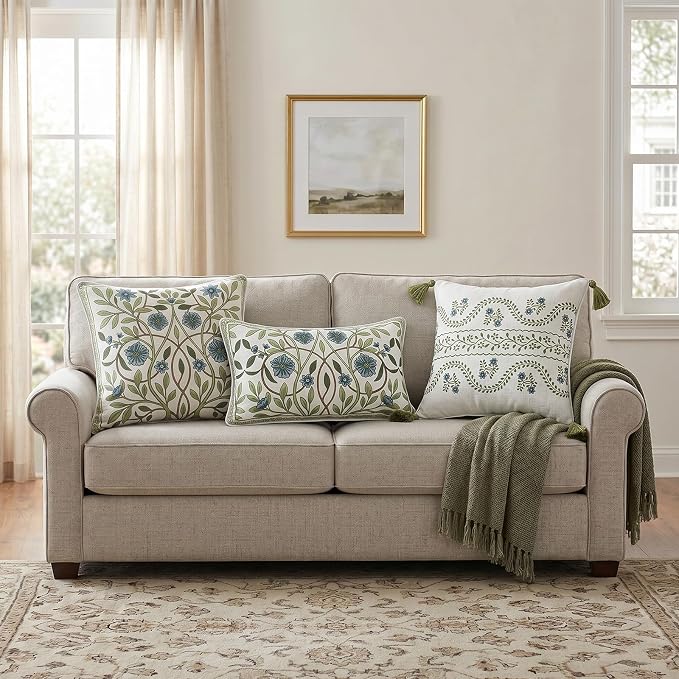 ISAENNE Designer Elegant Linen Throw Pillow Cover,Set of 4-Mosella ABCD | French Cottage Pillow Cover,Concealed Zipper,Floral Pattern,Sofas,Bedroom,Living Room,Lounge Chairs,All Season Home Decor