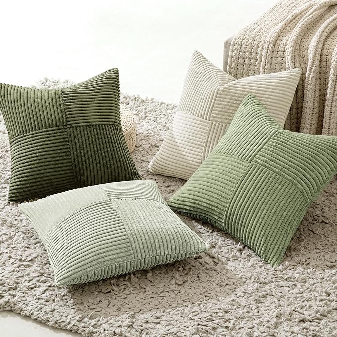 MIULEE Summer Light Green Decorative Throw Pillow Covers 18x18 Inch Set of 4 Boho Farmhouse Cushion Covers Mordern Classic Pillow Cases Soft Corduroy Gradient Home Decor for Couch Sofa Living Room Bed