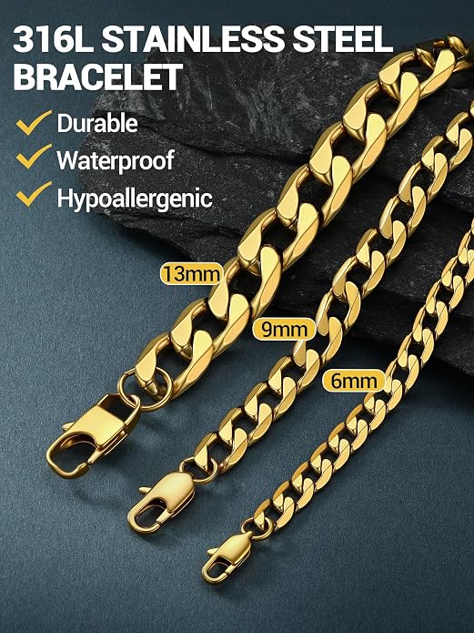 PROSTEEL Silver/Gold/Black Bracelets for Men Figaro Cuban Link, 6mm-13mm Width, 7.5"/8.3"/9" Length, Stainless Steel Mens Bracelet Jewelry with Gift Box