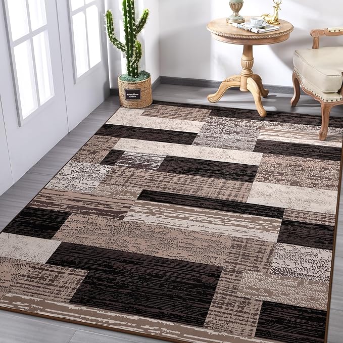 FlyDOIT Modern Geometric Patchwork Area Rug, 7x10 Chocolate Large Rugs for Living Room, Rockwood Collection Indoor Rugs for Bedroom, Throw Carpet Floor Decor for Entryway Dining Room Office Nursery