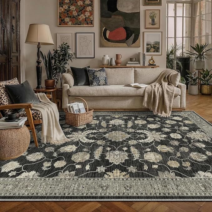 9x12 Area Rug for Living Room-Vintage Farmhouse Boho Floral Washable Stain Resistant Indoor Carpet for Bedroom Office and Home Decor(Black&Gold)