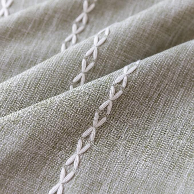 Boho Embroidery Striped Country Farmhouse Curtains - Sage Green Linen - 63 Inch Length, 2 Panels - Light Filtering - Living Room (52" W x 63" L)