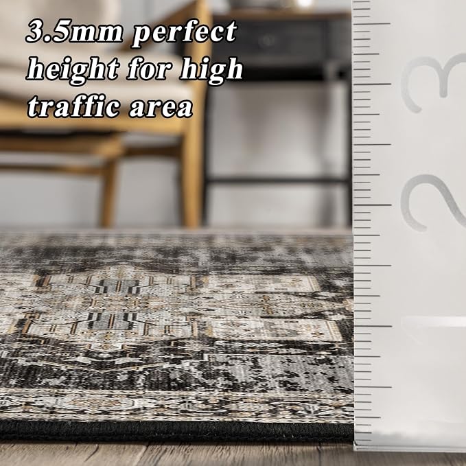 RUUGME Washable 7x8 Area Rug - Non Slip Ultra Thin Soft Living Room Rugs Vintage Distressed Stain Resistant Home Decor Mat for Bedroom,Dining Room,Nursery 7x8 Black