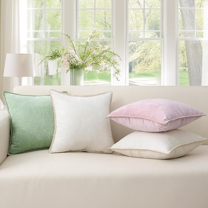 decorUhome Soft Chenille Throw Pillow Covers 24x24 Set of 2 Cream White | Fall Textured Decorative Throw Pillow Cases Stitched Edge Modern Farmhouse Luxury Boho Velvet for Couch Sofa Bed Home Decor