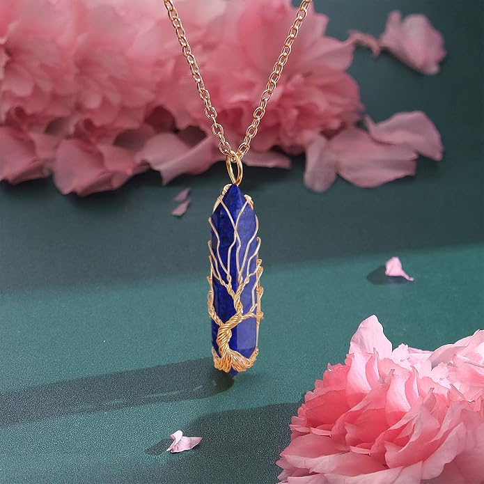 VIBILIA Healing Crystal Necklace Tree of Life Wire Wrapped Natural Stone Point Pendant Necklace Hexagonal Reiki Spiritual Quartz Gemstone Jewelry for Women Men