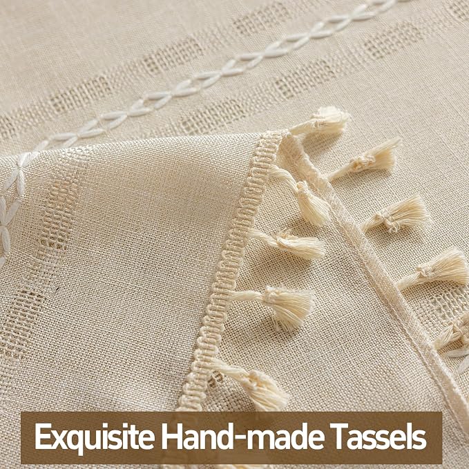 Natural Boho Sheer Curtains 72 inches long 2 Panels for Bedroom, Light filtering Semi Sheer Bohemian French Country Privacy Tassels Vintage Chic Embroidery Stripes Window Curtains Back Tab, 50" W