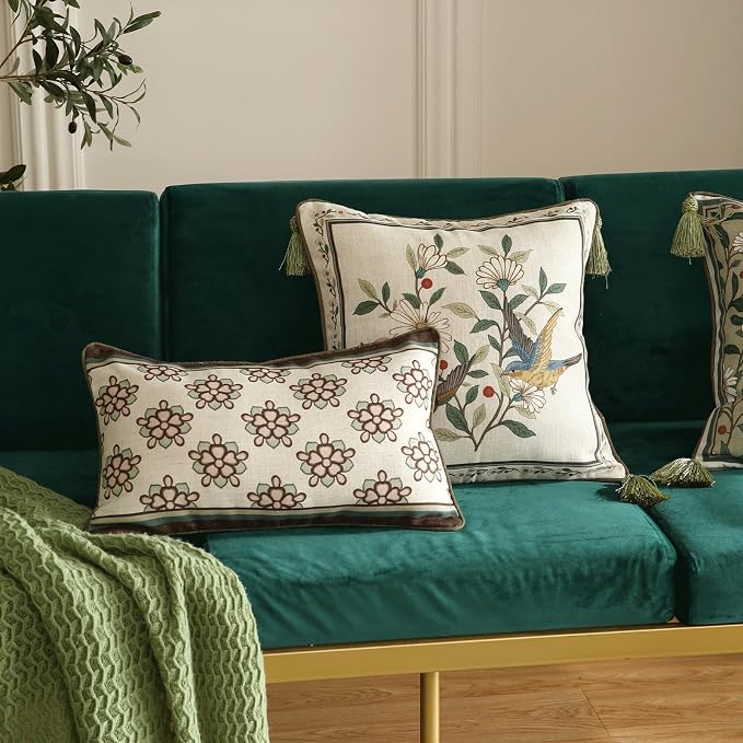 ISAENNE Vintage Linen Rectangle Throw Pillow Cover,Set of 2,20"x12"-Brune D | Designer French Elegant Pillow Cover,Concealed Zipper Design,Floral Pattern,Sofa,Bedroom,Living Room,Lounge Chairs