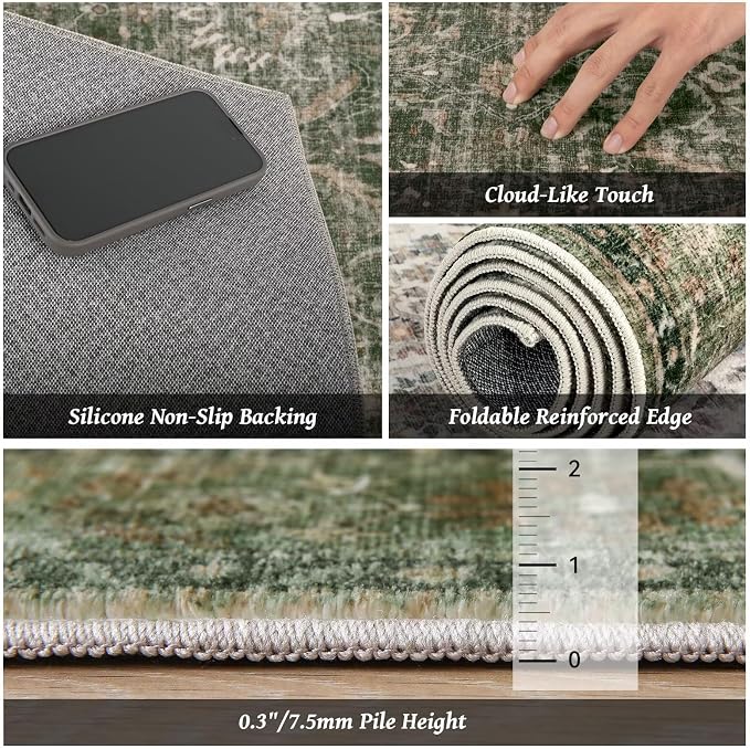 Boho Washable 10x14 Area Rugs for Living Room, Cushioned, Grass Green | Vintage Non-slip Neutral Oriental Rugs for Bedroom Dining Room Nursery Office High Traffic Area
