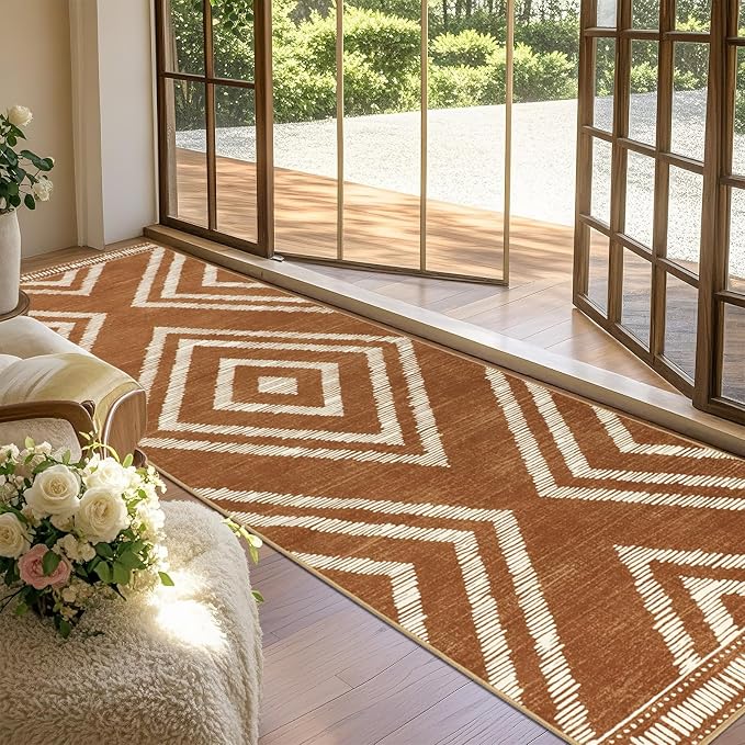 Boho Hallway Runner Rugs 3x10ft Non Slip, Long Brown Washable Kitchen Rug Runners Non Shedding, Geometric Floor Carpet for Bedroom Farmhouse Entryway Living Room Home Decor
