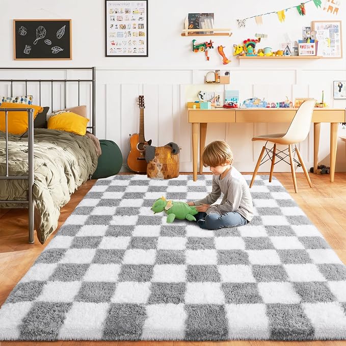 Pionblank Fluffy Area Rug for Bedroom 5x7, Modern Indoor Shag Carpet, Soft Plush Non Slip Checkered Rugs for Living Room Kids Room Home Decor, Grey and White