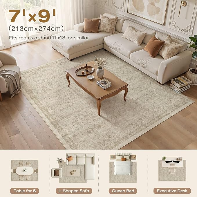 Nakagishi 7x9 Area Rugs Living Room: Washable Large Vintage Rug Neutral Non-Slip Soft Stain Resistant Indoor Carpet for Bedroom Nursery Dining Room Office Playroom - Vintage Brown