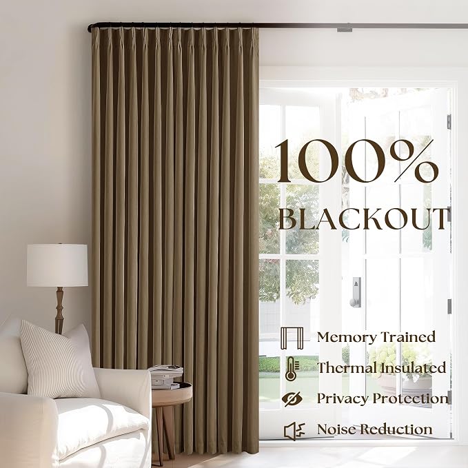 Dutch Cocoa Pinch Pleated 100% Blackout Linen Curtains 84 Inch Length 40x84 | Room Darkening Black Out with Liner, Noise Reducing, Pleat Back Tab, Dark Brown Window Curtains, for Living Room Bedroom