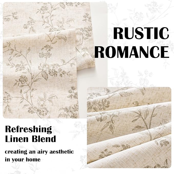 Lazzzy Grey Floral Linen Curtains 63 Inch Farmhouse Back Tab Drapes for Living Room Bedroom Light Filtering Vintage Grandmillennial Rod Pocket Curtains, 2 Panels, W38 x L63, Grey on Beige