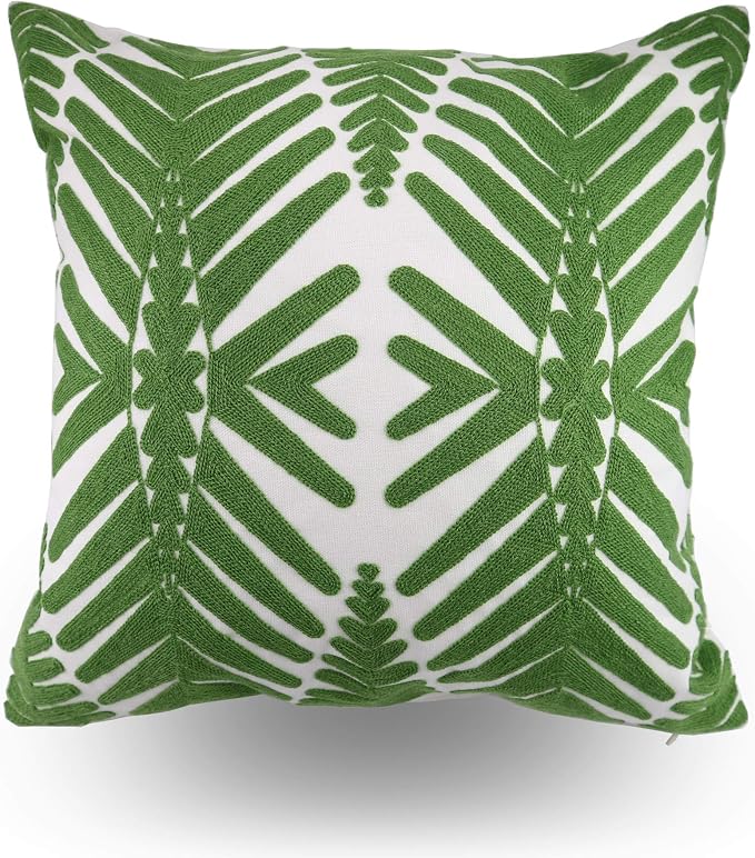 Tropical Leaf Embroidery Throw Pillow Covers 18x18 Inches Decorative Floor Pillow Cover for Couch Green Leaf 100% Cotton Cushion Cover Symmetric Palm Leaves Embroidered 45x45cm, 1 Piece