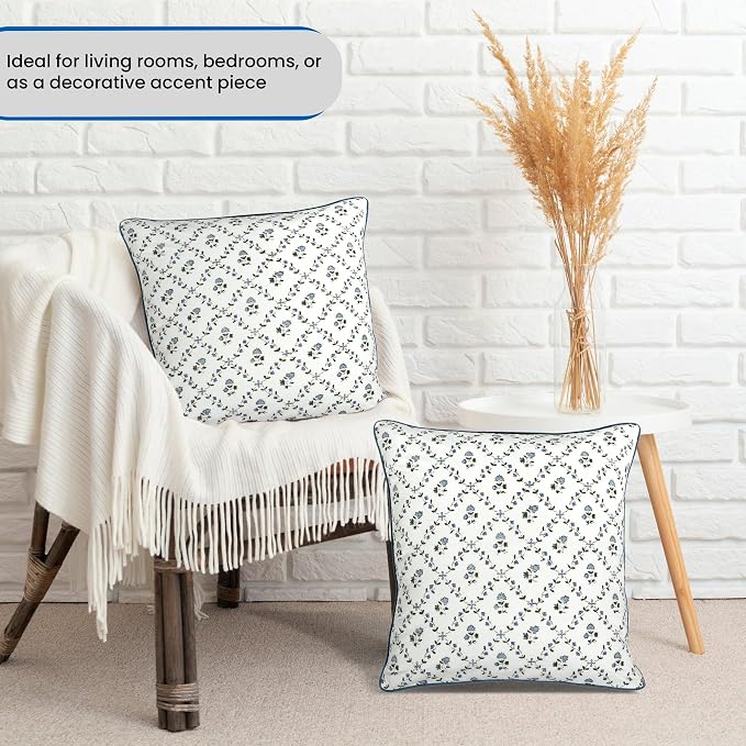 Ridhi Block Print Powder Blue Pillow Cover 16" x 16" (Pack of 2) Decorative Couch Pillows for Living Room, Farmhouse Chic Boho Cute Outdoor Pillows Covers Gifts for Spring, Mother's Day