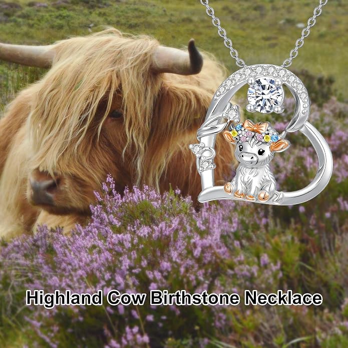 Highland Cow Gifts for Women 925 Sterling Silver Highland Cow Birthstone Necklace Fluffy Cow Jewelry Gifts Birthday Christmas