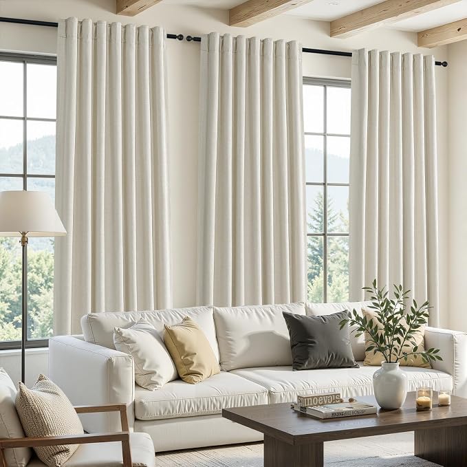 Topfinel 100% Blackout Natural Linen Flax Curtains 102 Inch Long Floor to Ceiling Panels Pinch Pleated Back Tab with Hooks and Rings, Milky White Elegant Bedroom Window Treatment 52" W*102" L