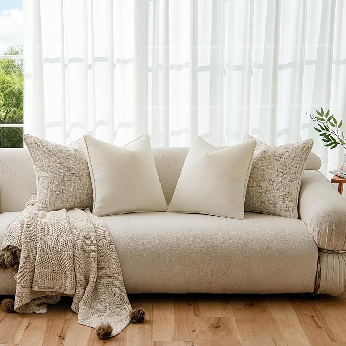a moment Beige 4 Pack Throw Pillow Covers - Chenille & Velvet Set with Piping, Farmhouse Textured Design Pillow Cases for Couch Sofa Bed Livingroom (16x16 Inch, No Insert)