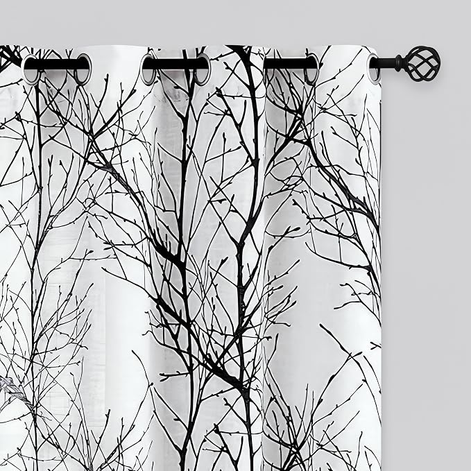 FMFUNCTEX Linen Black White Semi Sheer Print Curtains 72 Inch Long 2 Panels | Branch Sheer Patterned Drapes, Light Filtering Grommet Panels for Bedroom, Basement, Bathroom, and Modern Farmhouse Curtain