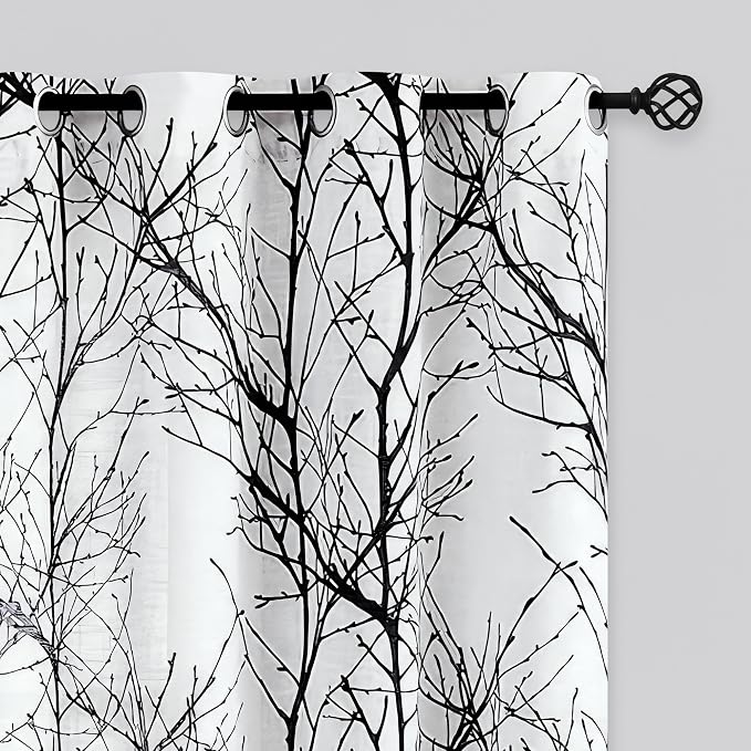 FMFUNCTEX Linen Black White Semi Sheer Print Curtains 84 Inch Long 2 Panels | Branch Sheer Patterned Drapes, Light Filtering Grommet Panels for Bedroom, Living Room, Kitchen, and Farmhouse Curtain