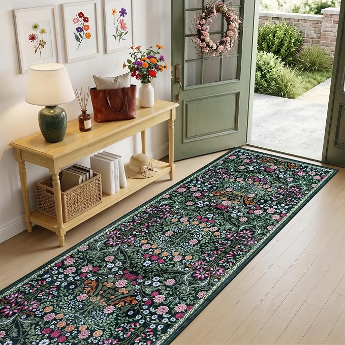 Runner Rug for Entryway: 2.6x14 Kitchen Rugs Non Slip Washable Ultra-Thin Soft Floral Carpet Indoor Floor Stain Resistant Carpets for Hallway Bedroom Kitchen Laundry Bathroom Dorm Dark Green