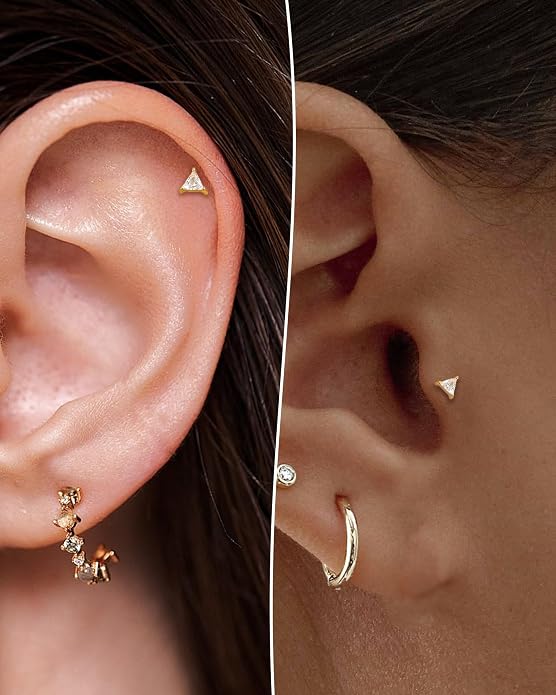 COCHARM 14K Real Gold Helix Cartilage Conch Earring, 16g Flat Back Triangle Tragus Piercing Jewelry, Solid Gold Lip Ring Stud, Yellow Gold Labret Jewelry