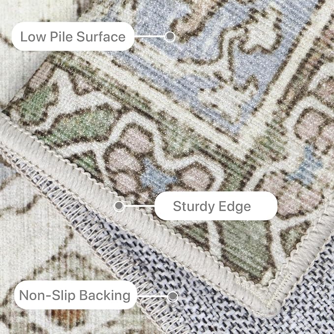 BESBLEE 6X9 Area Rugs Machine Washable Rugs for Living Room, Vintage Boho Large Rugs for Bedroom Dining Room, Non Slip Indoor Soft Distressed Lightweight Thin Low Pile Carpet, Cream