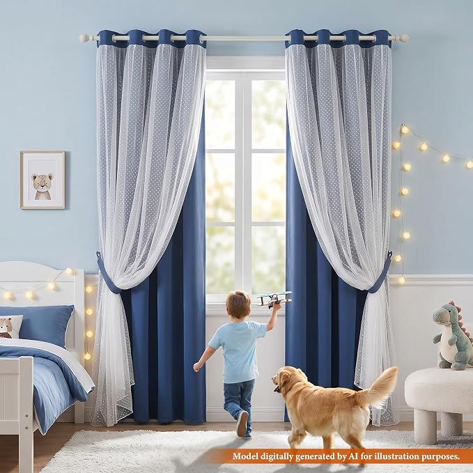MYSKY HOME Navy Blue Blackout Short Curtains for Girls Bedroom & Nursery Kids Cute Curtains 63 inch Long Double Layer with Polka Dots Sheer, Grommet Tops, 52" Wide Each Panel, 2 Panels