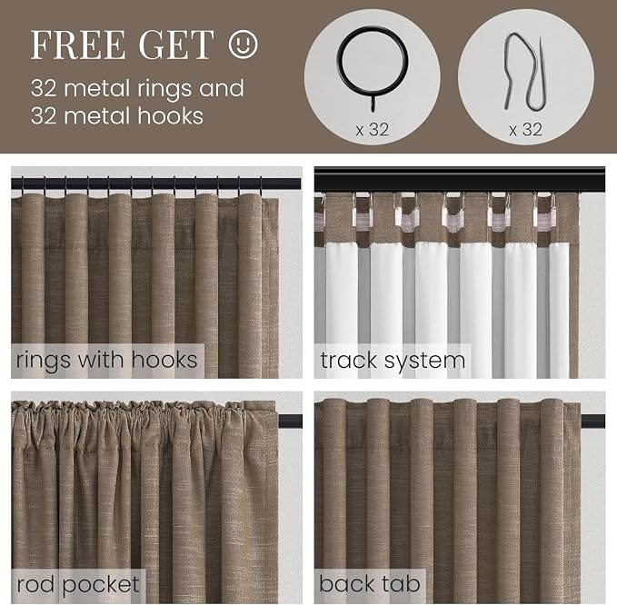 Topfinel Pinch Pleated 90 Inch Long 2 Panels Set Back Tab Curtains, 100% Blackout Dark Flax Linen Drapes, Light Blocking Balcony Drapes for a Neutral Country Ambiance Dark Flax 52" W*90" L
