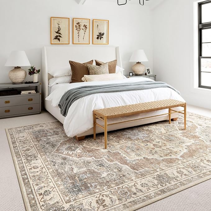 8x10 Washable Area Rug: Vintage Neutral Soft Non Slip Thin Large Floor Carpet for Living Room Bedroom Kitchen Dining Room Home Office Farmhouse Indoor - Beige Brown