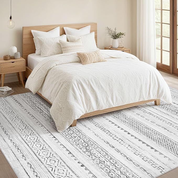 Nakagishi Area Rugs 8x10 Living Room: Washable Boho Large Neutral Soft Farmhouse Rug Stain Resistant Modern Geometric Non-Slip Indoor Carpet for Bedroom Nursery Kids Playroom Office Dining Room- Grey