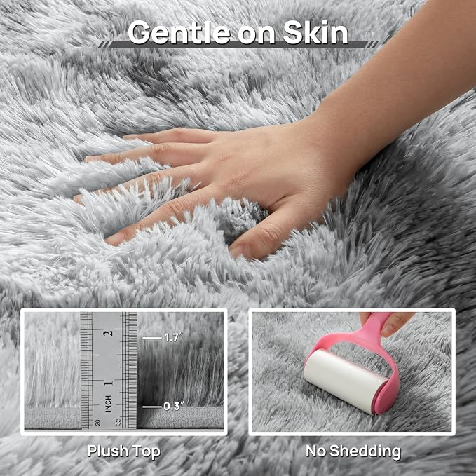 Deerhoo Large Shag Area Rugs 9 x 12, Tie-Dyed Plush Fuzzy Rugs for Living Room, Ultra Soft Fluffy Furry Rug for Bedroom, Indoor Carpet Nursery Rugs for Kids Room Home Decor, Light Grey