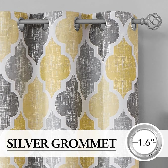 Beauoop Moroccan 100% Blackout Curtains Bedroom Yellow Grey 50x84 2 Panels | Geometric Room Darkening Drapes for Living Room 84 Inch Long Thermal Insulated Soundproof Lattice Window Treatment Grommet