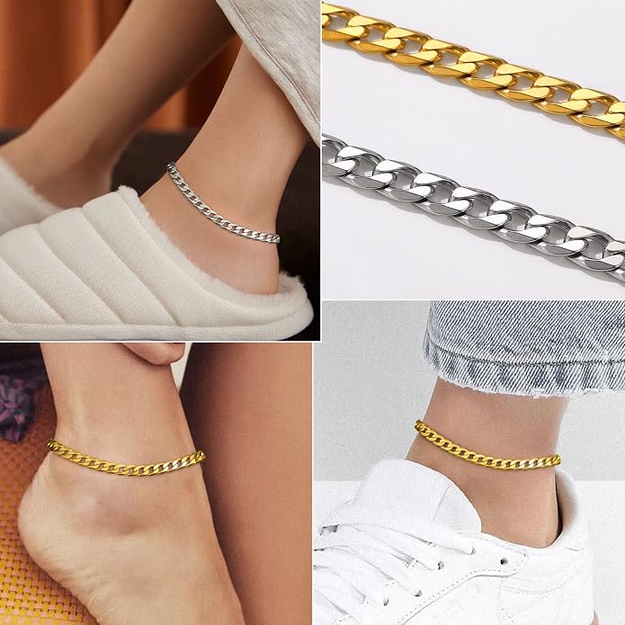 GoldChic Adjustbale Link Chain Anklet for Women Summer Jewelry, 316L Stainless Steel Figaro/Wheat/Twist Rope/Cuban Foot Bracelet-Waterproof, Resizable 9"-12" (Gift Box Included)