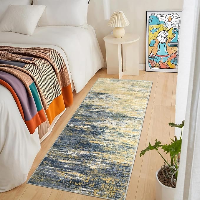 ROYHOME Washable Runner Rug 2x6 Modern Abstract Kitchen Rugs, Non Slip Bathroom Rug, Low Pile Laundry Room Soft Long Carpet for Hallway Bedroom Entryway, Yellow/Black